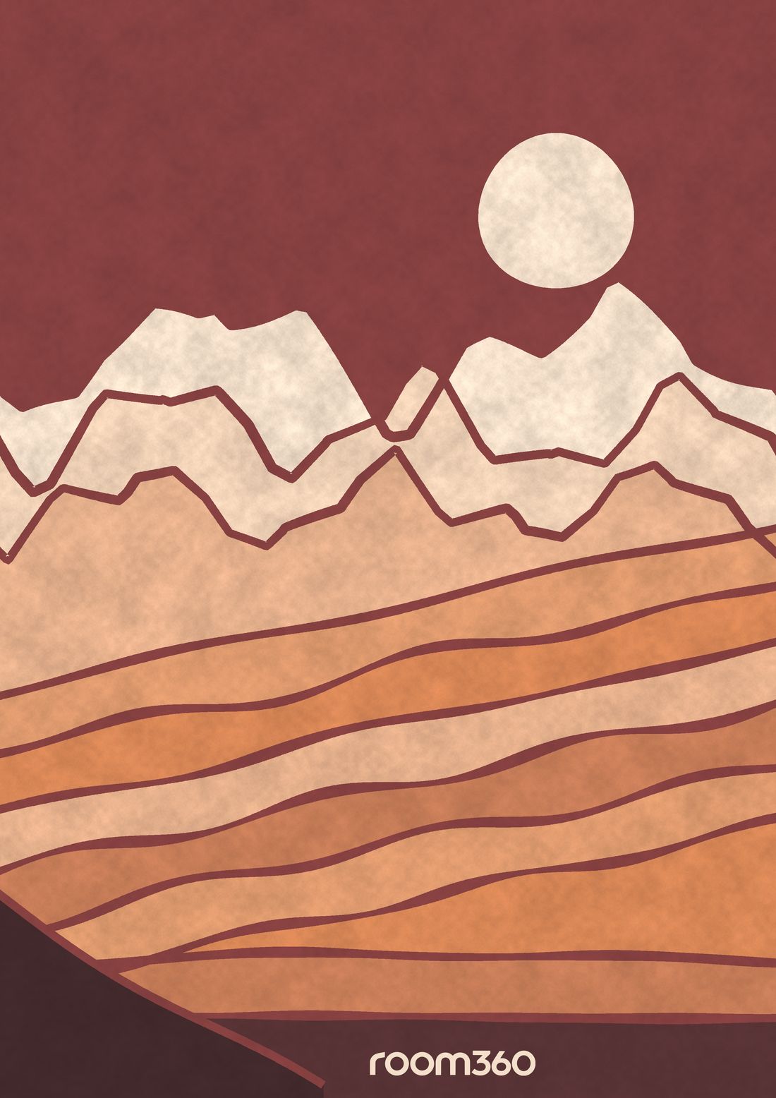 ROOM360 landscape poster: the logo redrawn as mountains, dunes and a rising sun